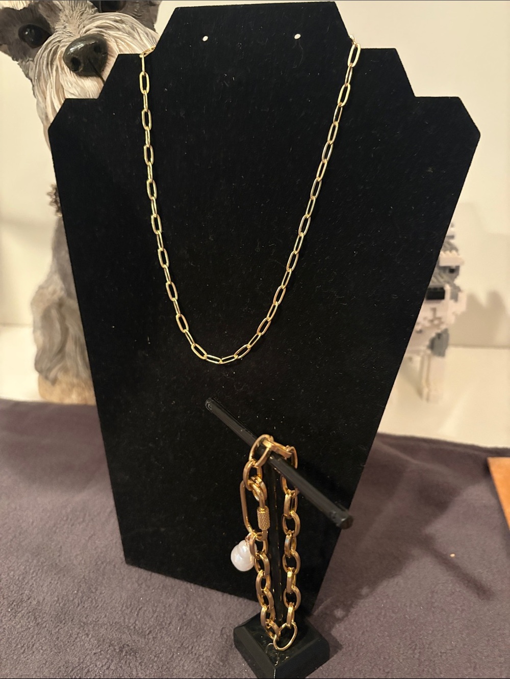 Gold Paperclip Chain Necklace and Chunky Link Bracelet Set with Pearl Charm